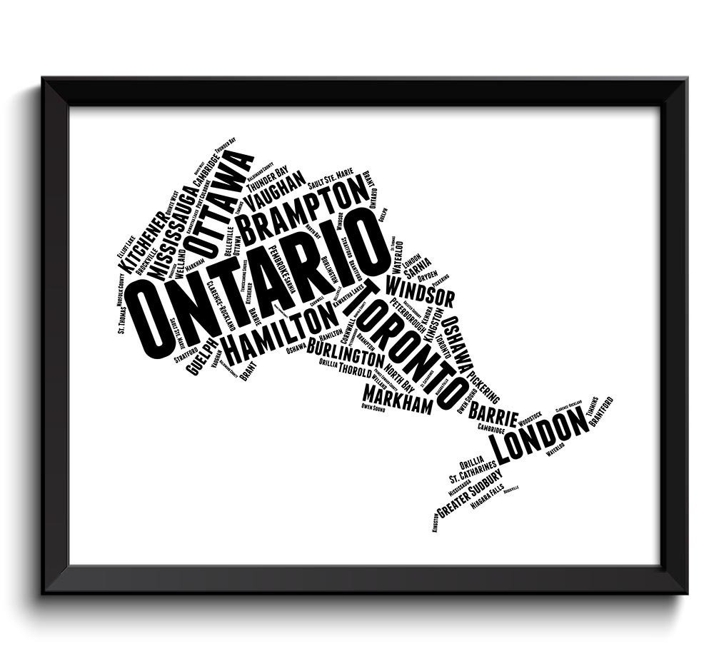 Ontario Map Province Canada Text Word Watercolor Poster Print Black White Modern Abstract Landscape 