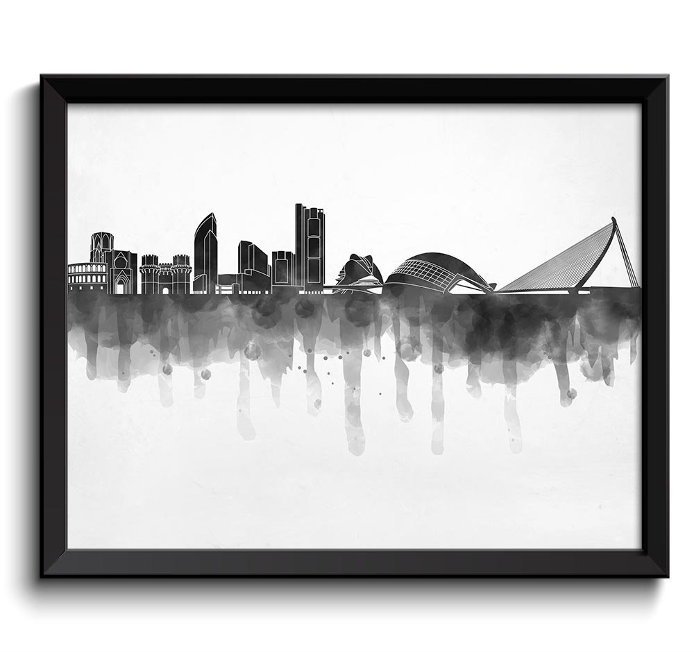 Valencia Skyline City Black White Grey Cityscape Spain Europe Famous Landmarks Poster Print Abstract