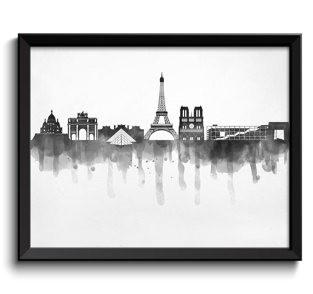 Paris Skyline City Black White Grey Cityscape France Europe Famous Landmarks Poster Print Abstract L