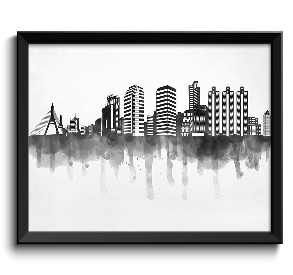 Bangkok Skyline City Black White Grey Cityscape Poster Print Thailand Asia Modern Abstract Landscape