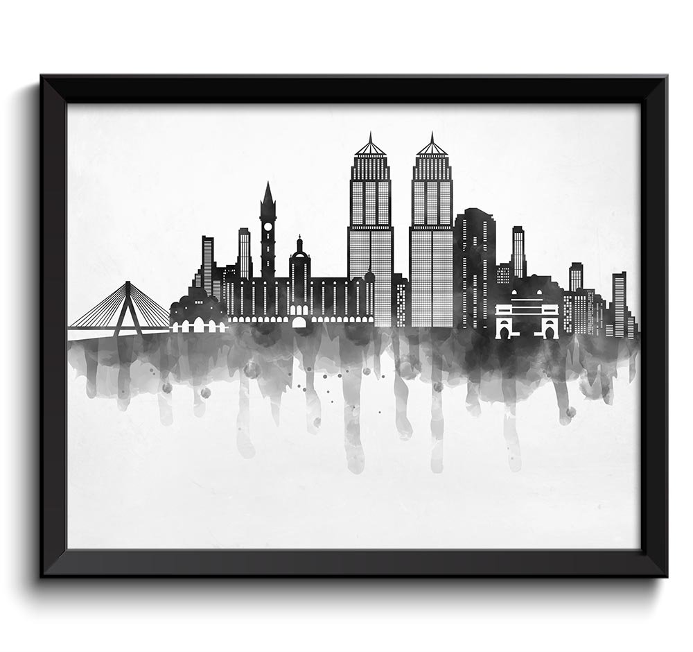 Mumbai Skyline Black White Grey Cityscape Bombay India Famous Landmarks Poster Print Modern Abstract