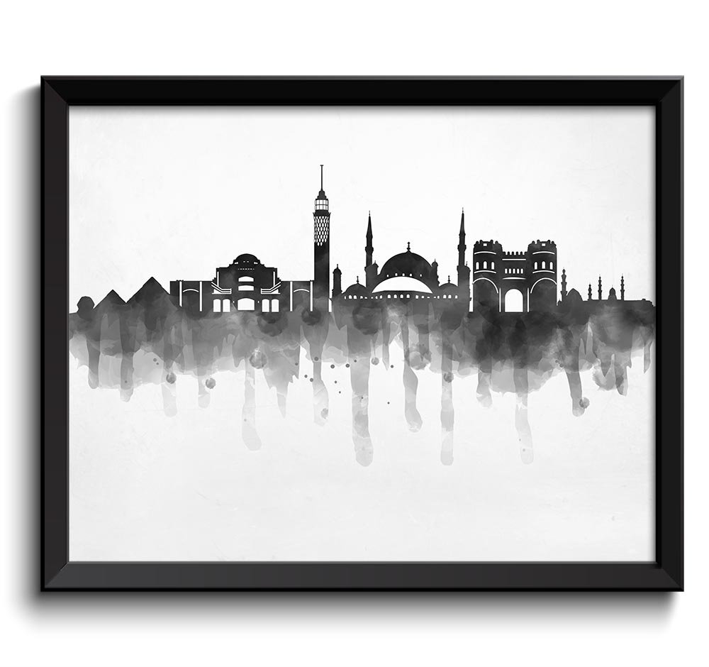 Cairo Skyline City Black White Grey Cityscape Poster Print Egypt Modern Abstract Landscape Art Paint