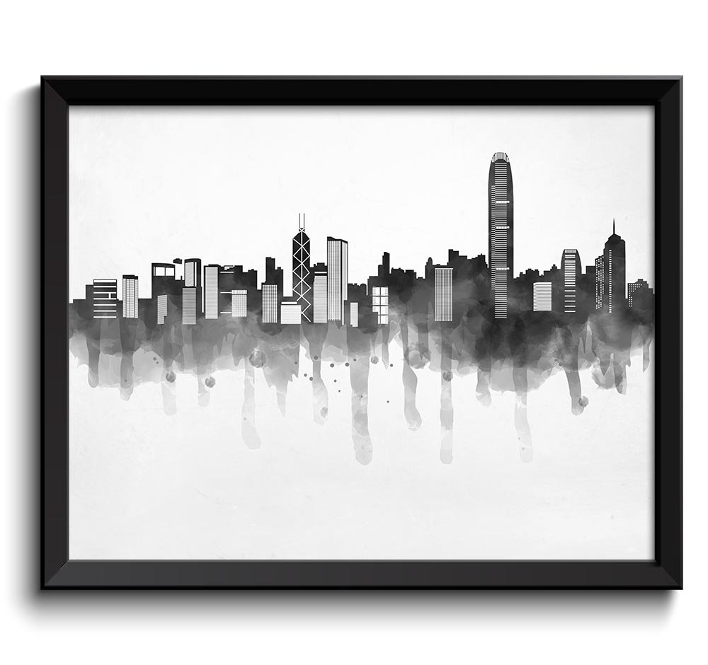 Hong Kong Skyline City Black White Grey Cityscape Print Poster Asia Modern Abstract Landscape Art Pa