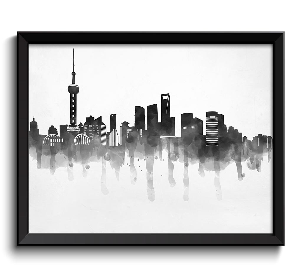 Shanghai Skyline City Black White Grey Cityscape Print Poster China Asia Modern Abstract Landscape A