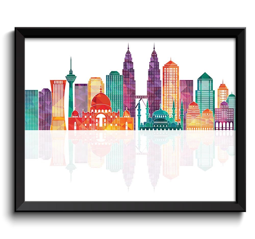 Kuala Lumpur Skyline Green Blue Teal Purple Peach City Colorful Cityscape Poster Print Malaysia Asia