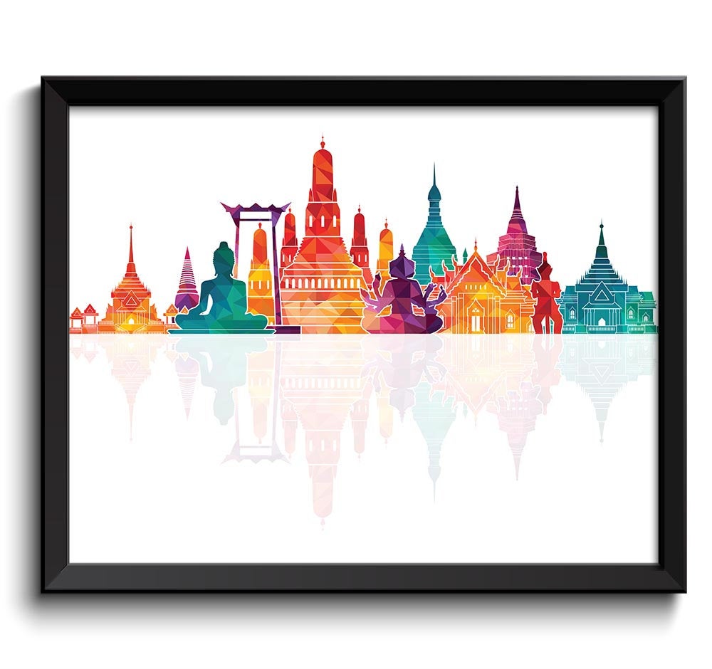 Thailand Skyline City Cityscape Poster Print Asia Modern Abstract Landscape Art Painting Green Blue 