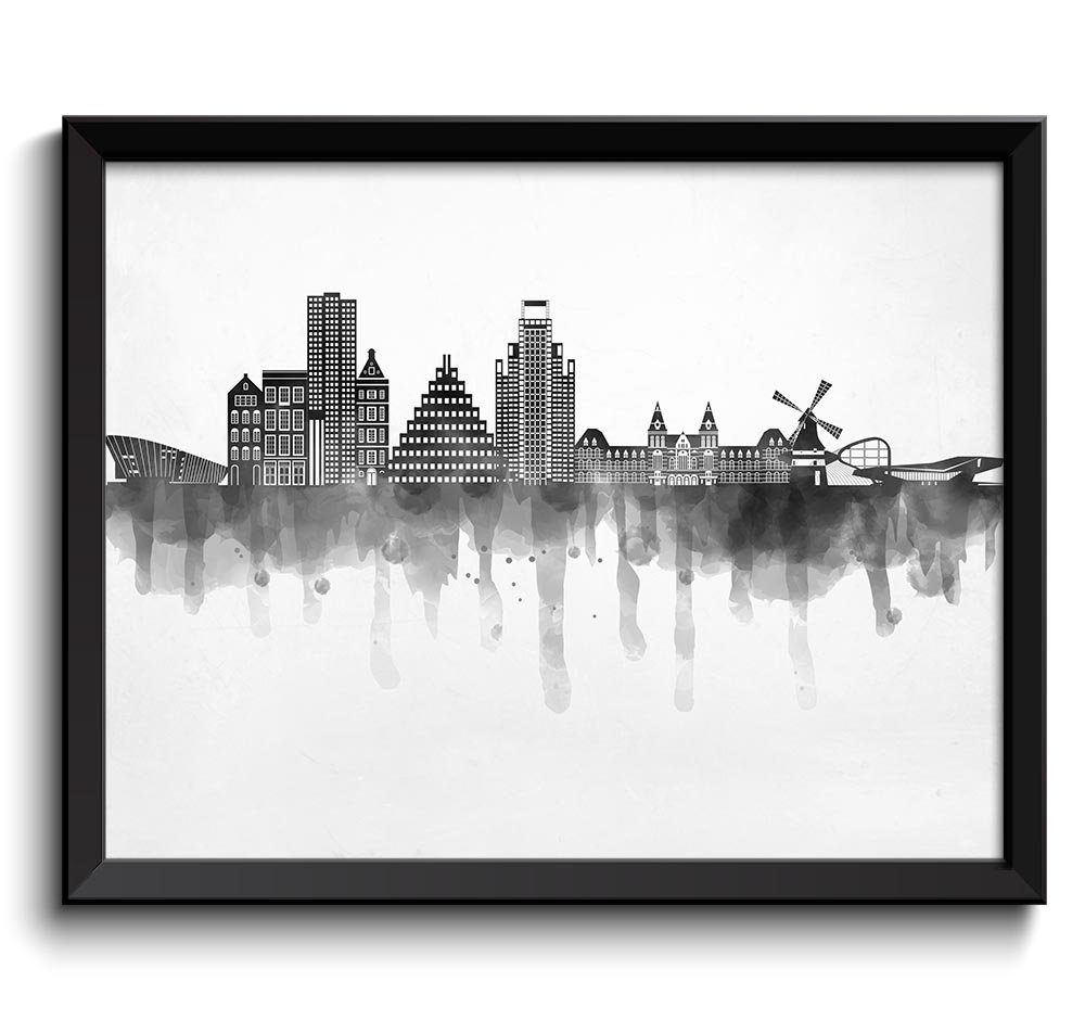 Amsterdam Skyline City Holland Cityscape Black White Grey Poster Print Modern Abstract Landscape Art