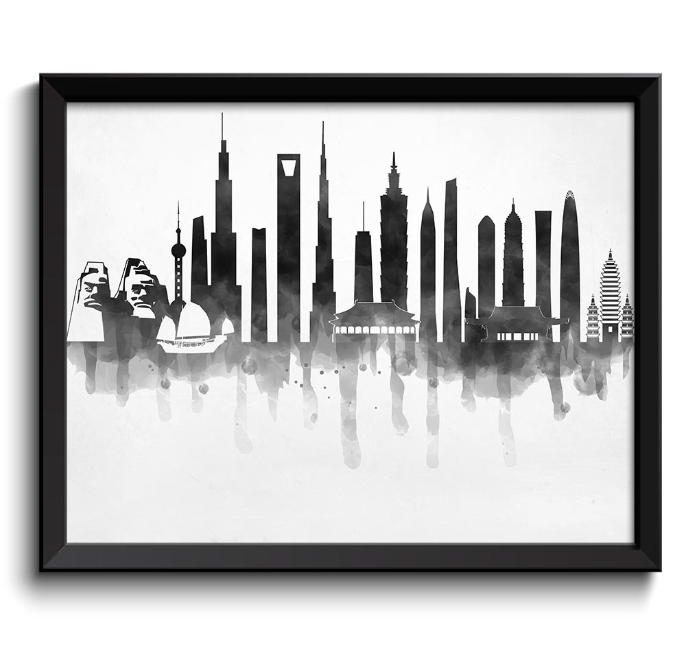 China Skyline City Black White Grey Cityscape Print Poster Asia Modern Abstract Landscape Art Painti