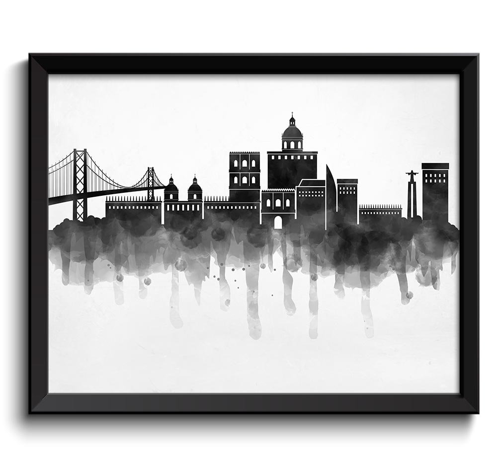 Lisbon Skyline City Black White Grey Cityscape Portugal Europe Famous Landmark Poster Print Abstract