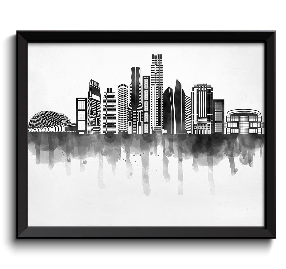 Singapore Skyline City Black White Grey Cityscape Print Poster Asia Modern Abstract Landscape Art Pa