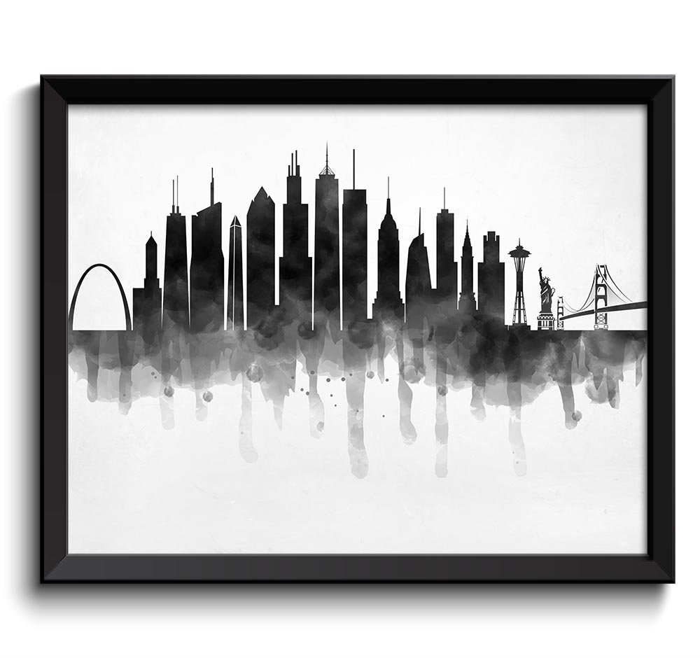 USA Skyline United States City Black White Grey Cityscape Famous Landmarks Poster Print Abstract Lan