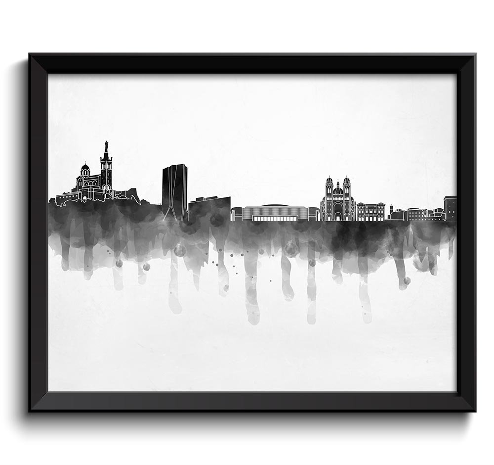 Marseilles Skyline City Black White Grey Cityscape Europe France Famous Landmarks Poster Print Lands