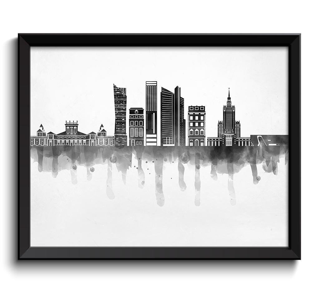 Warsaw Skyline City Black White Grey Cityscape Poland Europe Famous Landmarks Poster Print Abstract 