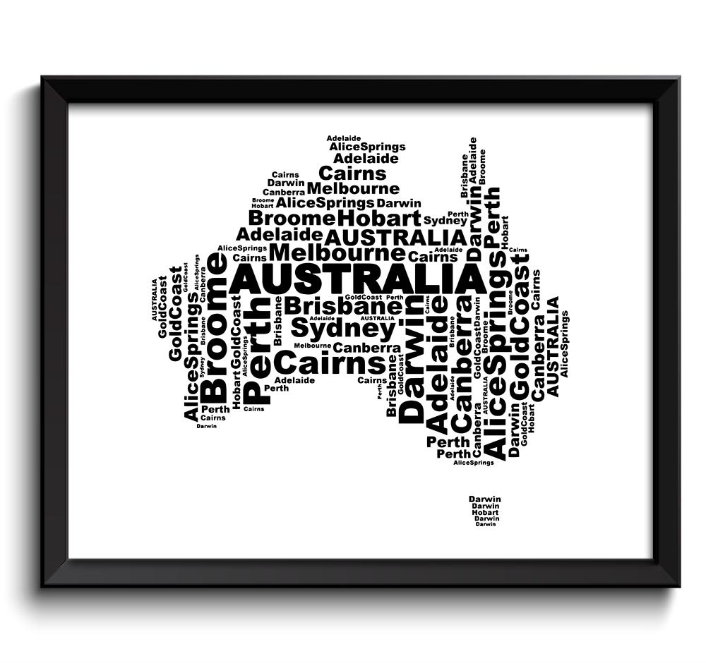 Australia Text Word Cloud Map Black White Typography Poster Print Country Modern Abstract Landscape 