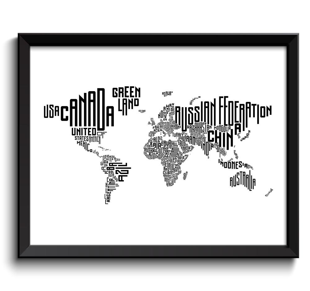 World Text Word Cloud Typography Map World Map Poster Print Globe Modern Abstract Landscape Wall Art