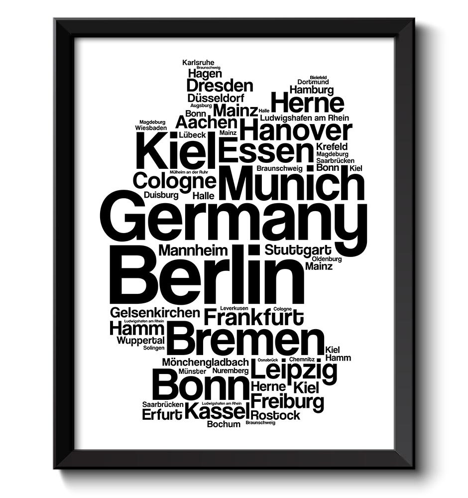 Germany Text Word Cloud Map Black White Typography Poster Print Country Europe Modern Abstract Lands