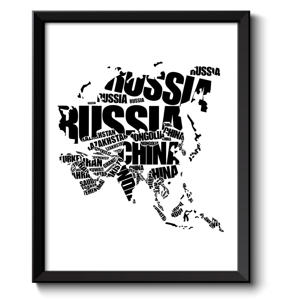 Asia Text Word Cloud Map Black White Typography Poster Print Country China Modern Abstract Landscape