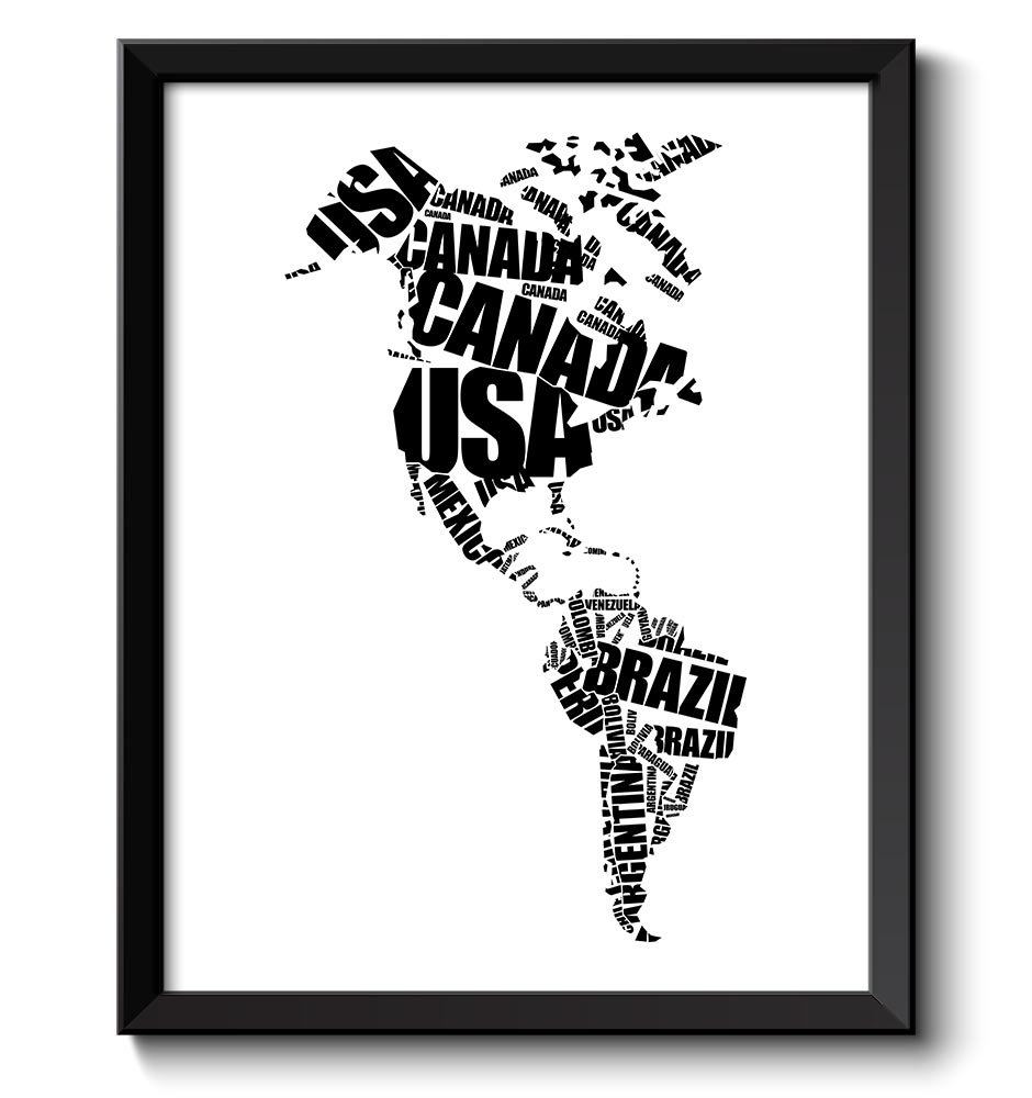 North America Map Typography Text Word Cloud Black White Poster Print USA United States Canada Mexic