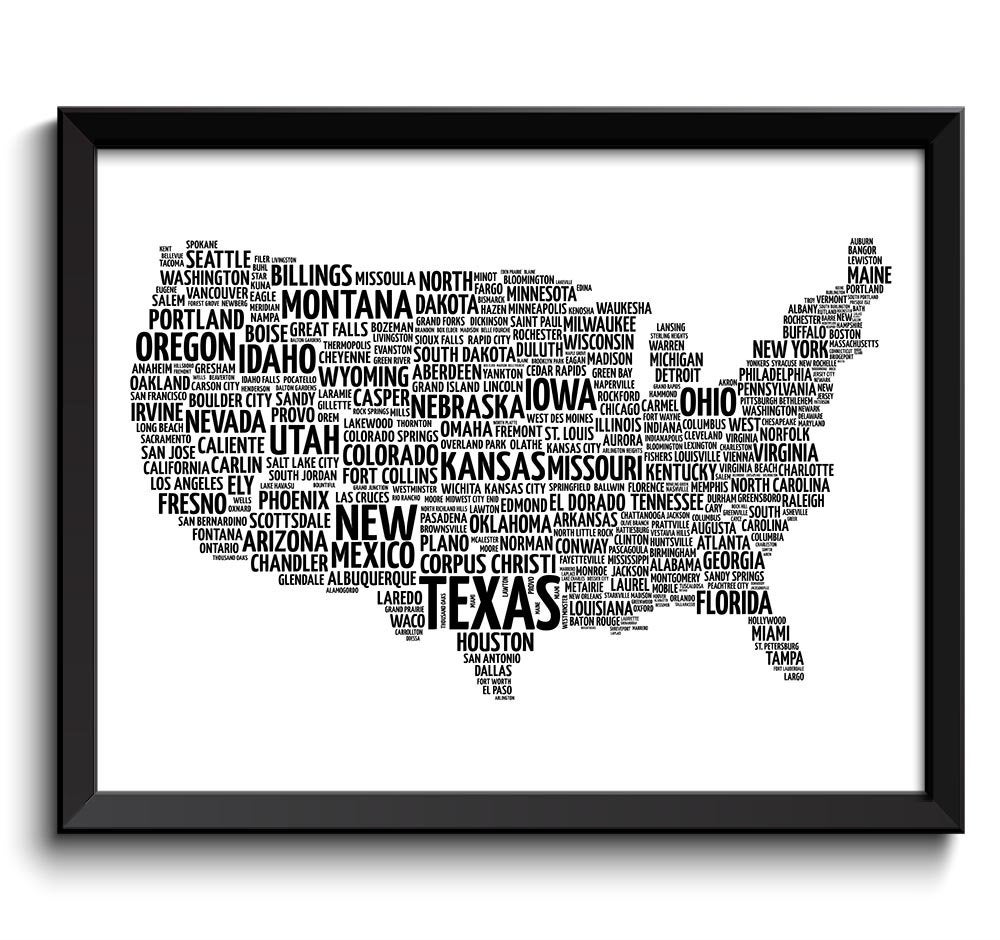 USA United States Map Typography Print Text Word Cloud Black White Poster Print United States Modern