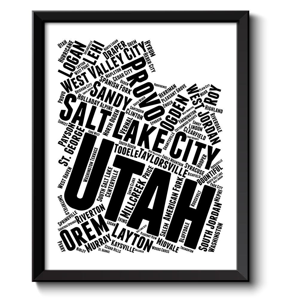 Utah Map Typography Print Text Word Cloud Black White Poster Print USA United States Modern Landscap