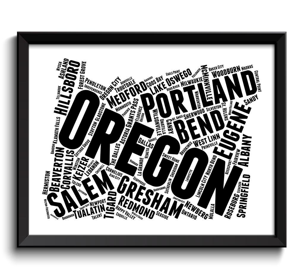 Oregon Map Typography Print Text Word Cloud Black White Poster Print USA United States Modern Abstra