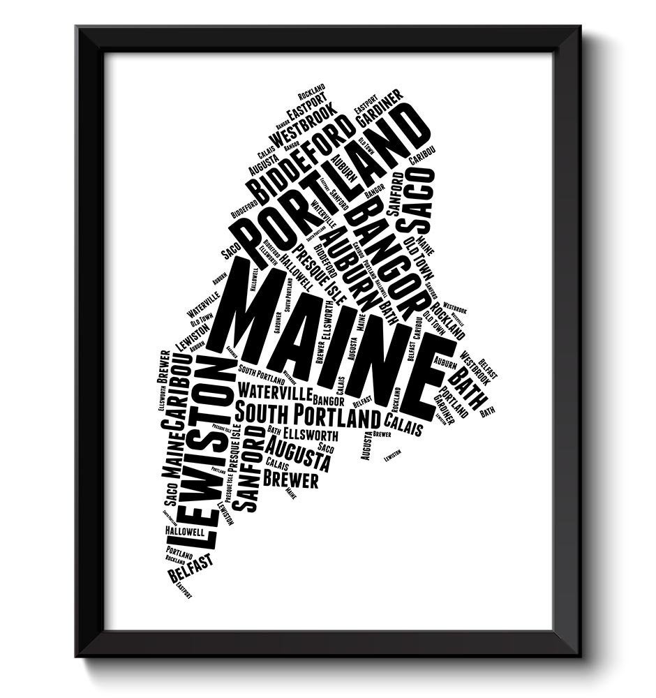 Maine Map Typography Print Text Word Cloud Black White Poster Print USA United States Modern Abstrac