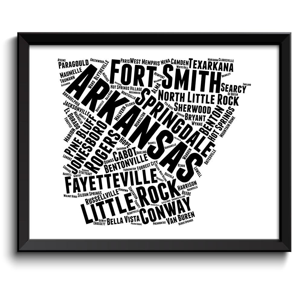 Arkansas Map Text Word Cloud Typography Textography Black White Poster Print USA United States Moder