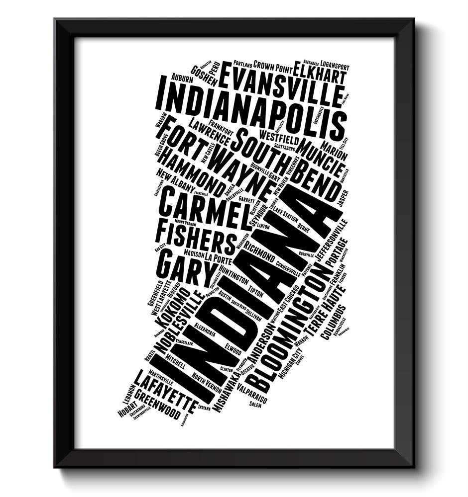 Indiana Map Typography Print Text Word Cloud Black White Poster Print USA United States Modern Abstr