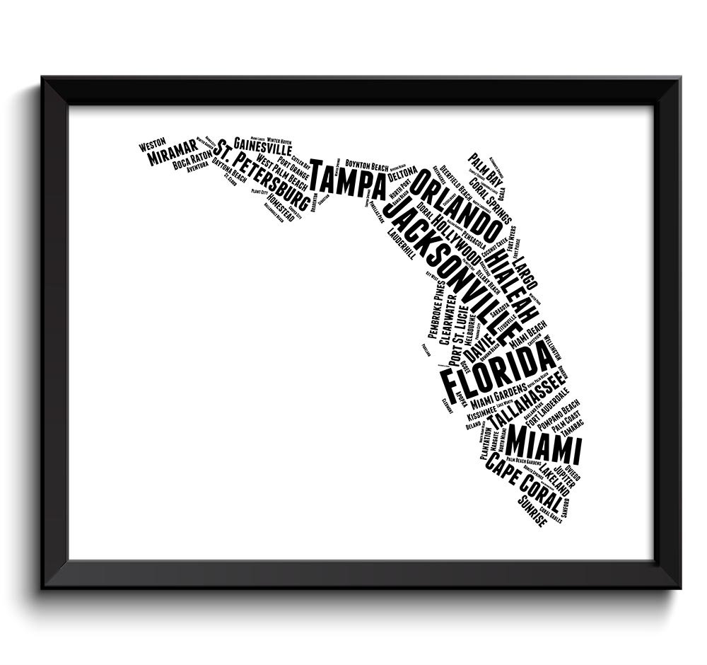 Florida Map Typography Textography Text Word Cloud Black White Poster Print USA United States Modern