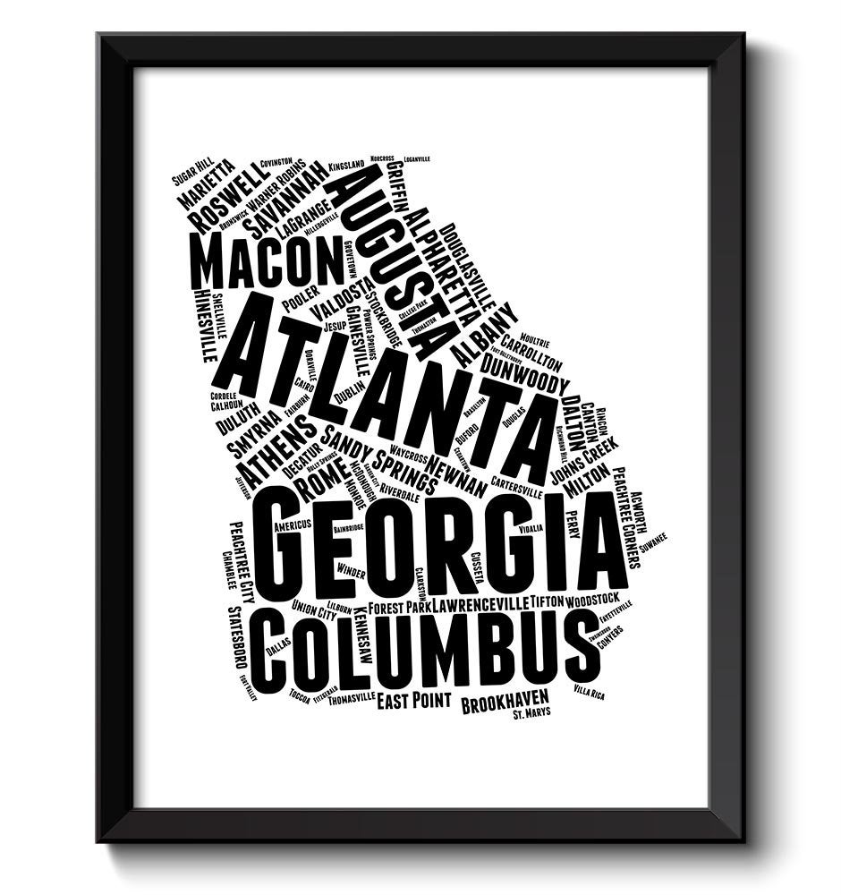 Georgia Map Typography Textography Text Words Black White Poster Print USA United States Modern Abst