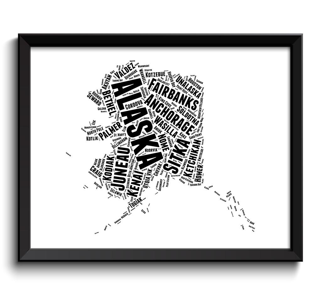 Alaska Map Black White Typography Print Text Word Cloud Poster Print USA United States Modern Abstra