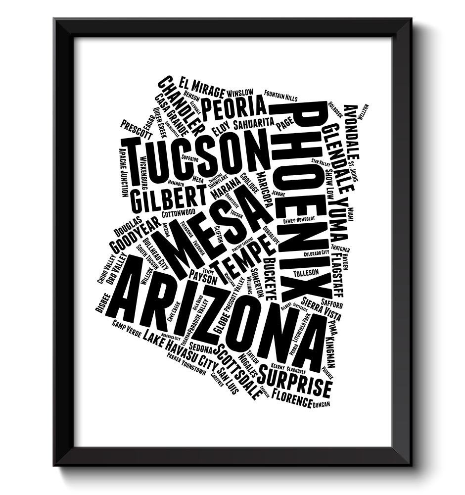 Arizona Map Typography Print Text Word Cloud Black White Poster Print USA United States Modern Abstr