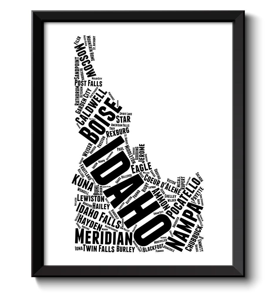 Idaho Map Typography Print Text Word Cloud Black White Poster Print USA United States Modern Landsca