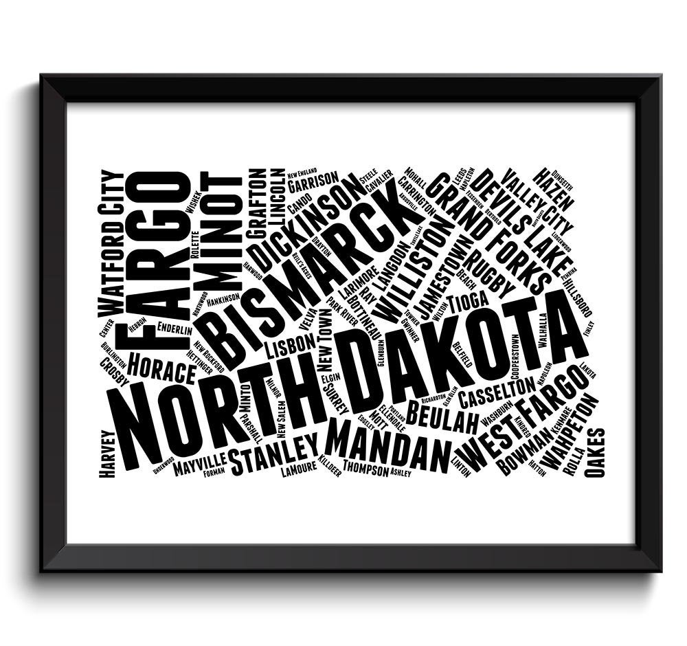 North Dakota Map Typography Print Text Word Cloud Black White Poster Print USA United States Landsca