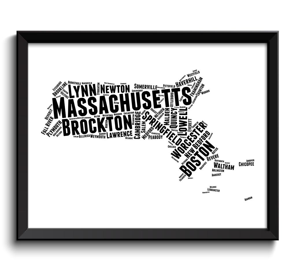 Massachusetts Map Typography Print Text Word Cloud Black White Poster Print USA United States Modern