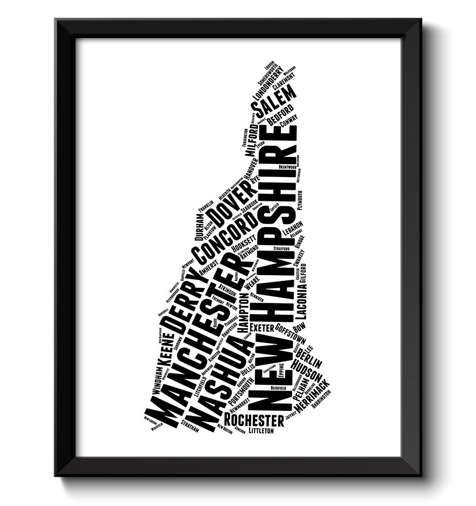 New Hampshire Map Typography Print Text Word Cloud Black White Poster Print USA United States Modern