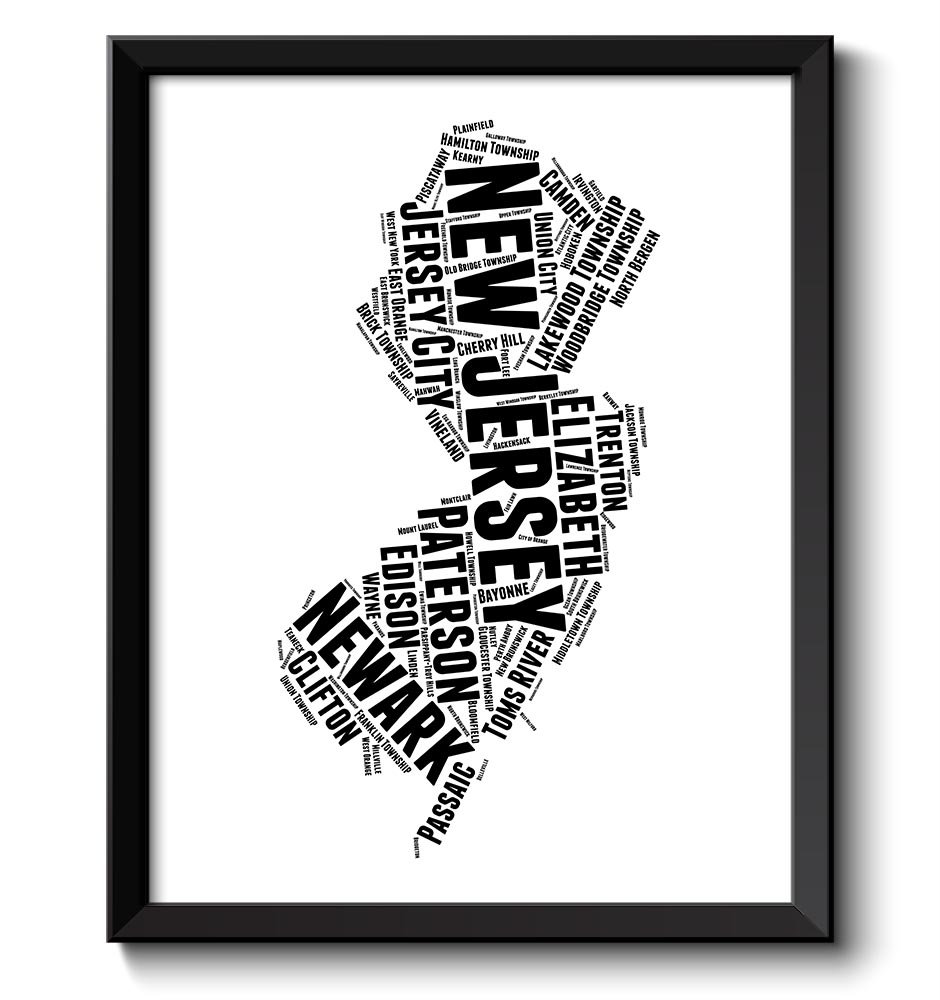 New Jersey Map Typography Print Text Word Cloud Black White Poster Print USA United States Modern La