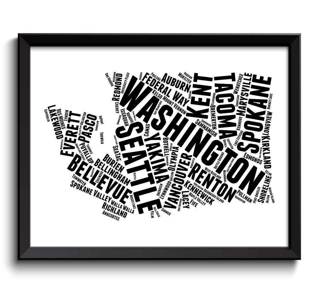 Washington Map Typography Print Text Word Cloud Black White Poster Print USA United States Modern La