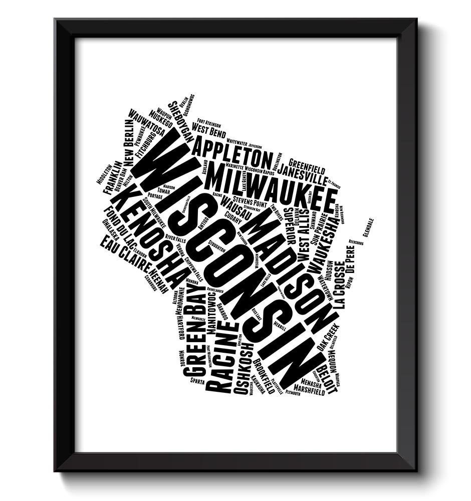 Wisconsin Map State Text Word Cloud Black White Poster Print USA United States Modern Print Landscap