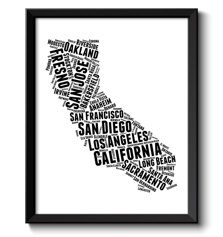 California Map State Text Words Watercolor Poster Print USA United States Modern Landscape Art Paint