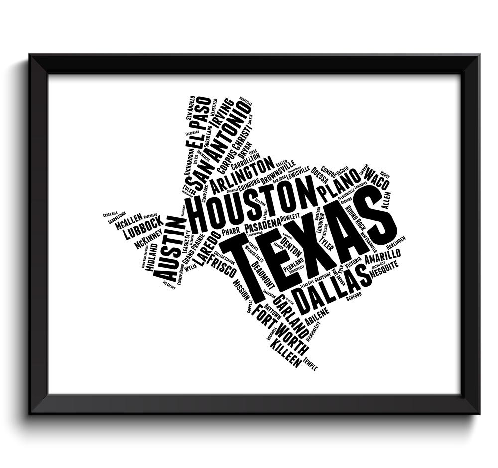 Texas Map State Text Words Black White Watercolor Poster Print USA United States Landscape Art Paint