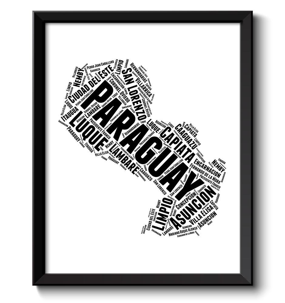 Paraguay Text Word Cloud Map Black White Typography Poster Print Country South America Modern Abstra