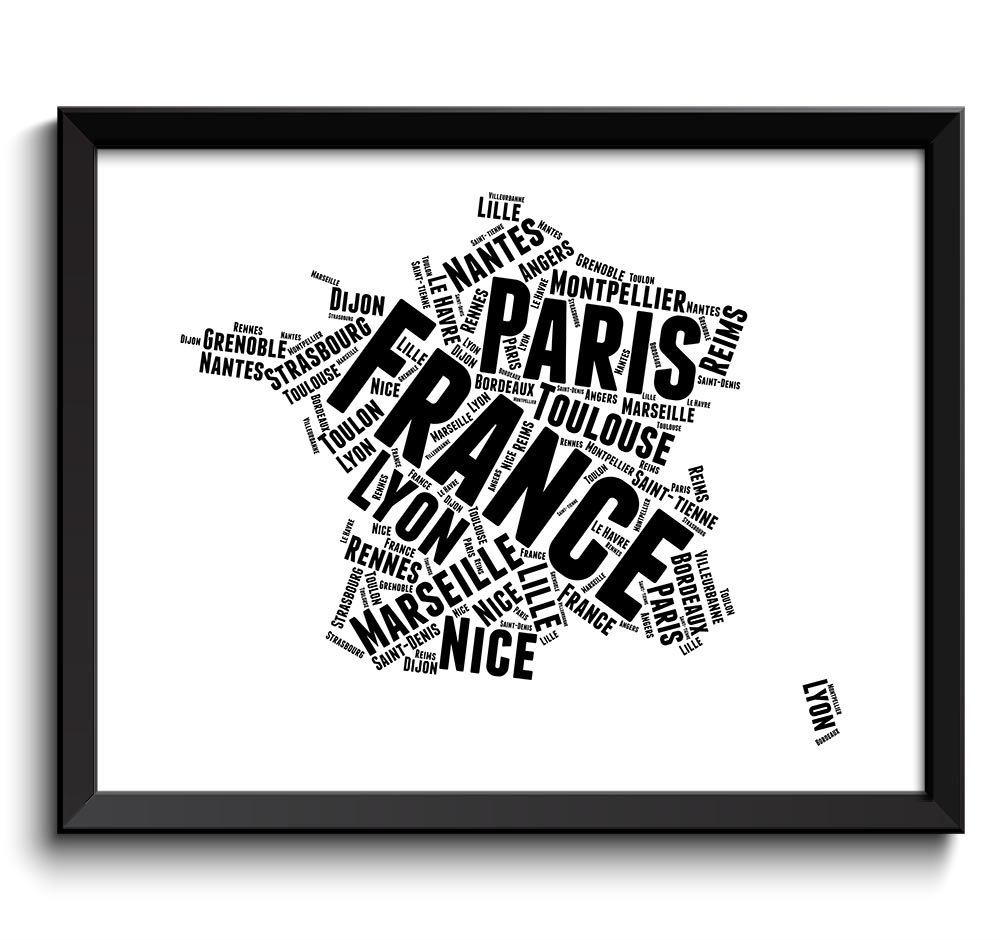 France Text Word Cloud Map Black White Typography Poster Print Country Europe Paris Modern Landscape