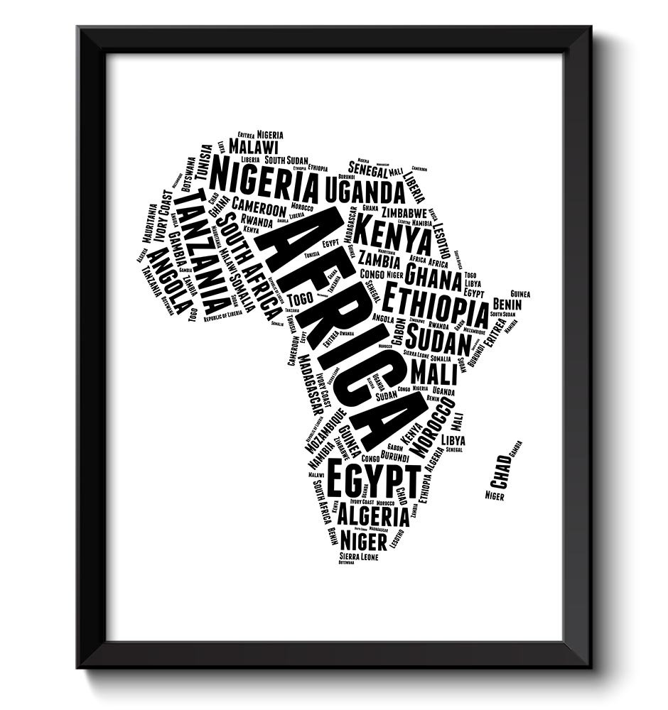 Africa Text Word Cloud Map Black White Typography Poster Print African Country Modern Abstract Lands