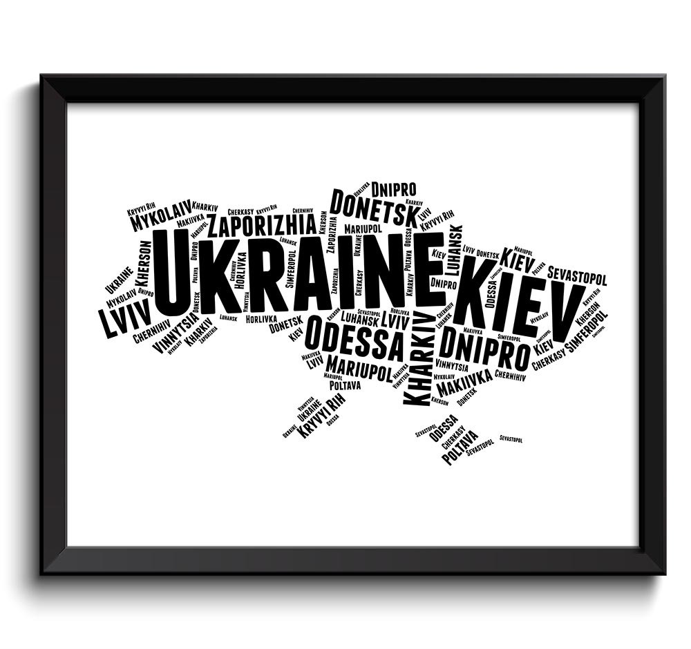 Ukraine Black White Typography Map Text Word Cloud Poster Print Country Europe Modern Abstract Lands