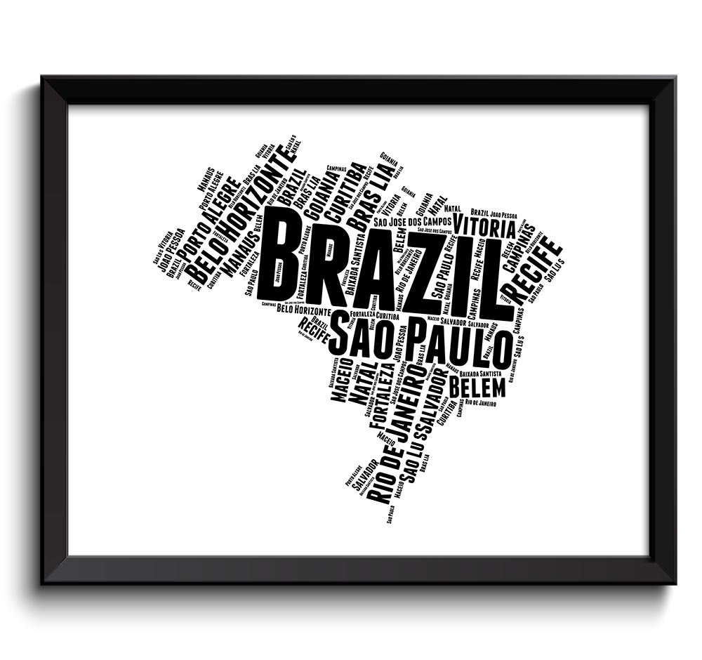 Brazil Text Word Cloud Map Black White Typography Poster Print Country South America Modern Landscap