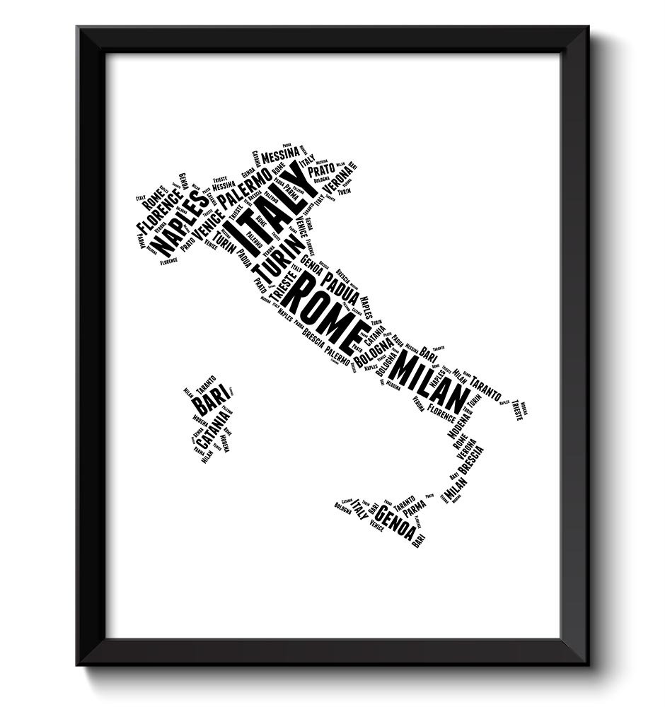 Italy Text Word Cloud Map Typography Print Black White Poster Print Country Europe Modern Abstract L