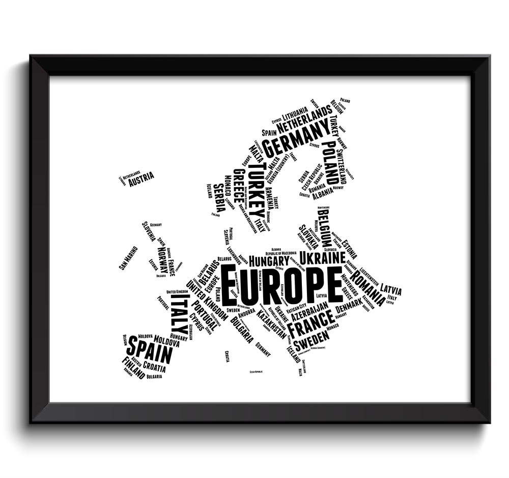 Europe Map Text Words Black White Typography Poster Print Country Europe Modern Abstract Landscape W