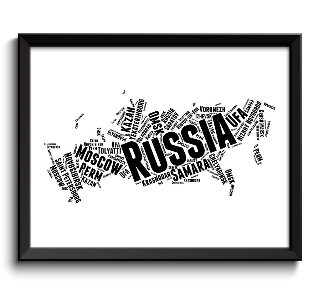 Russia Text Map Word Cloud Black White Typography Poster Print Country Modern Abstract Minimalist La