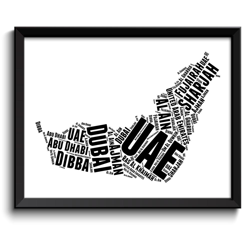 UAE United Arab Emirates Text Words Map Black White Typography Poster Print Country Modern Landscape